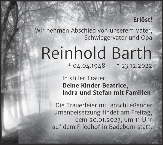 Traueranzeige von Reinhold Barth von Trauerkombi Quedlinburg