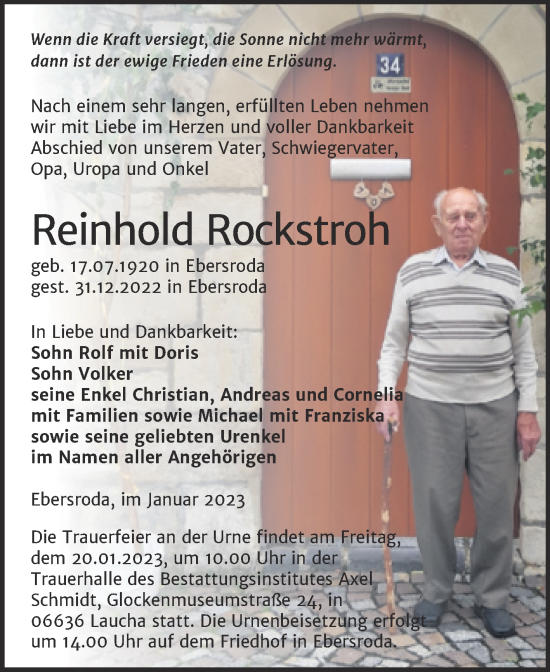 Traueranzeige von Reinhold Rockstroh von Wochenspiegel Naumburg/Nebra