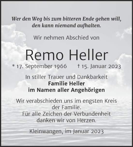Traueranzeige von Remo Heller von Wochenspiegel Naumburg/Nebra