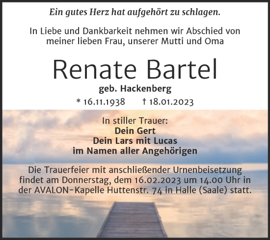 Traueranzeige von Renate Bartel von Mitteldeutsche Zeitung Halle/Saalkreis