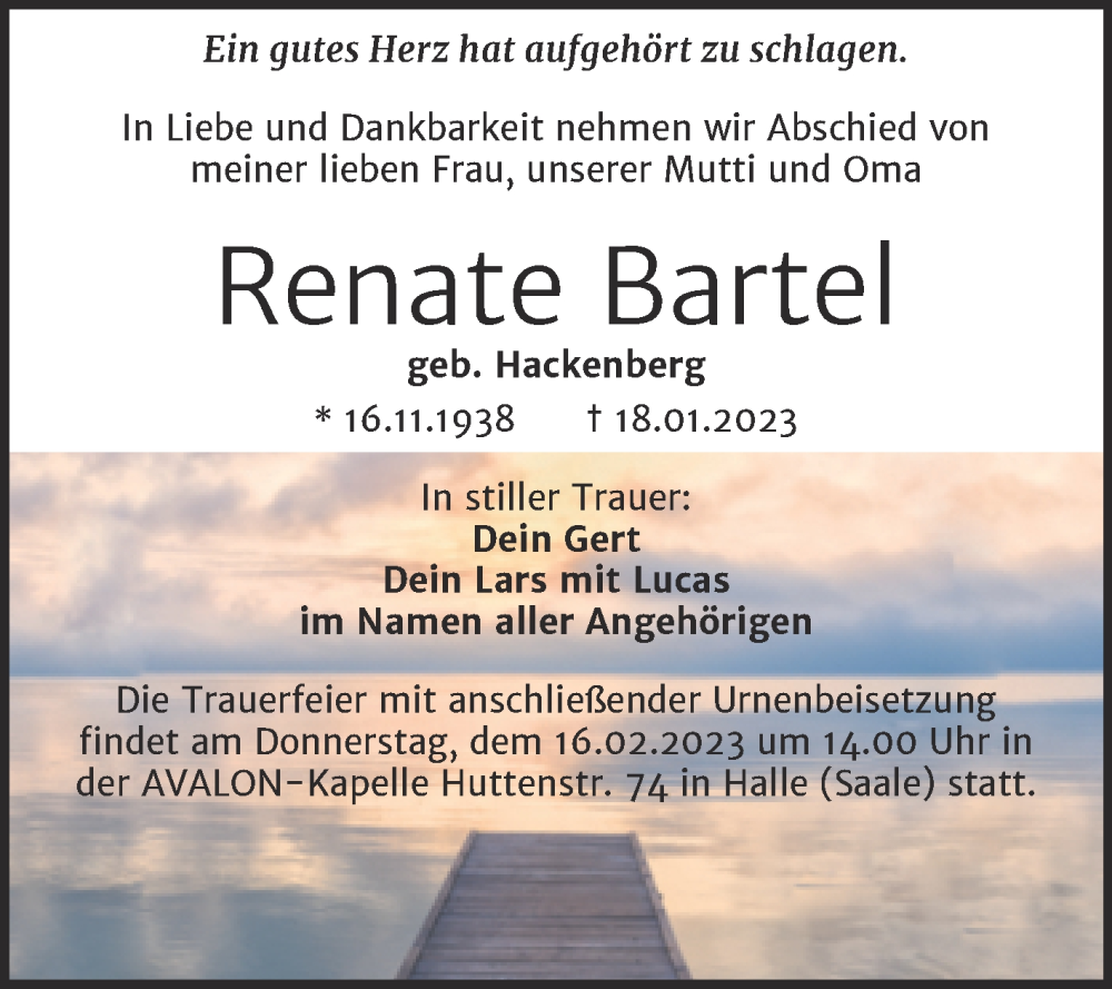  Traueranzeige für Renate Bartel vom 28.01.2023 aus Mitteldeutsche Zeitung Halle/Saalkreis