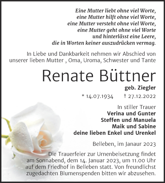 Traueranzeige von Renate Büttner von Trauerkombi Bernburg