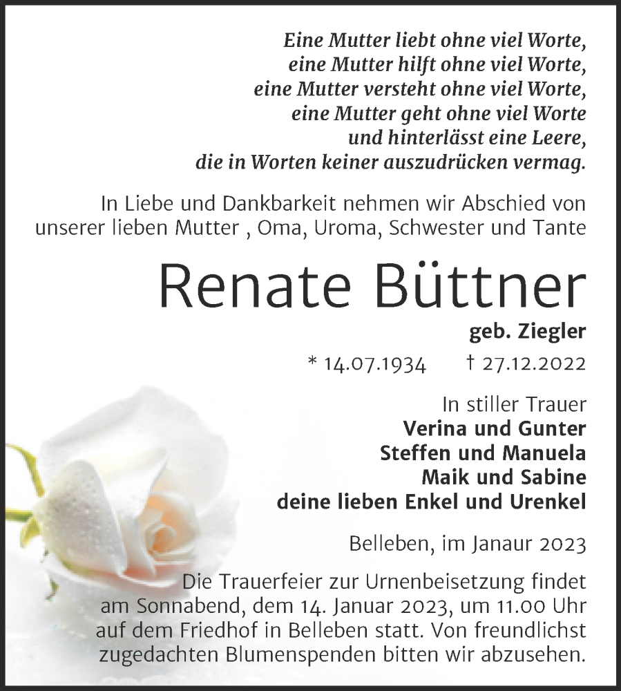  Traueranzeige für Renate Büttner vom 07.01.2023 aus Trauerkombi Bernburg