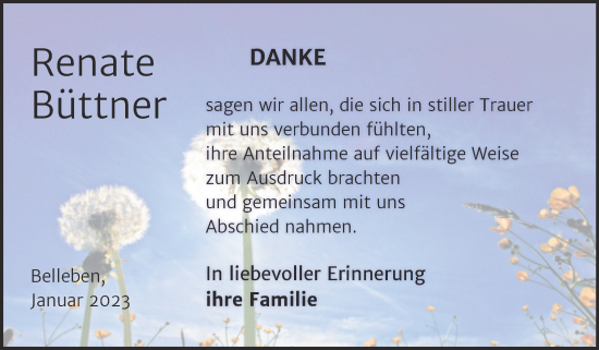 Traueranzeige von Renate Büttner von Trauerkombi Bernburg