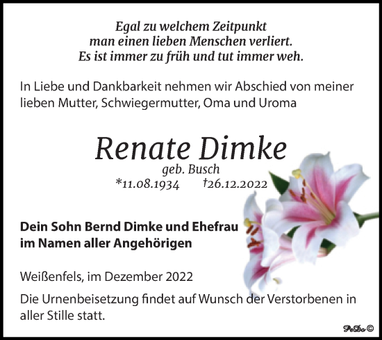 Traueranzeige von Renate Dimke von Trauerkombi Weißenfels