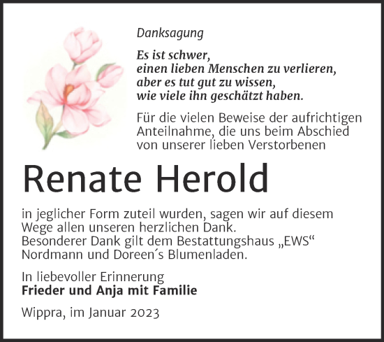 Traueranzeige von Renate Herold von Mitteldeutsche Zeitung Mansfelder Land