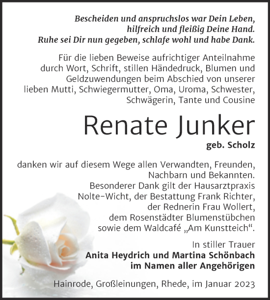 Traueranzeige von Renate Junker von Trauerkombi Sangerhausen