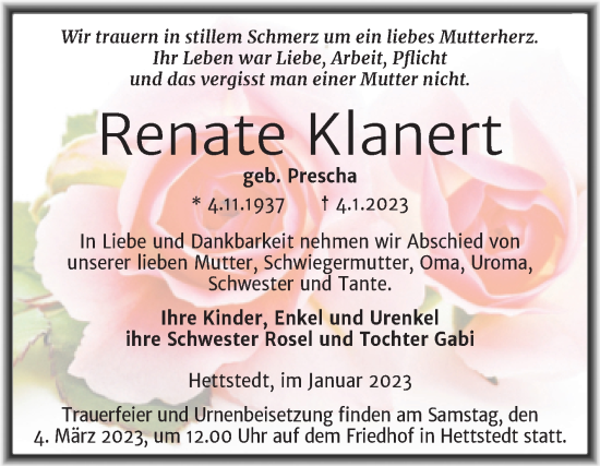 Traueranzeige von Renate Klanert von Mitteldeutsche Zeitung Mansfelder Land