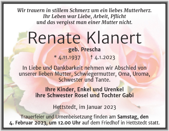 Traueranzeige von Renate Klanert von Mitteldeutsche Zeitung Mansfelder Land