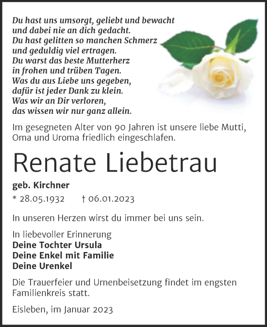 Traueranzeige von Renate Liebetrau von Trauerkombi Mansfelder Land