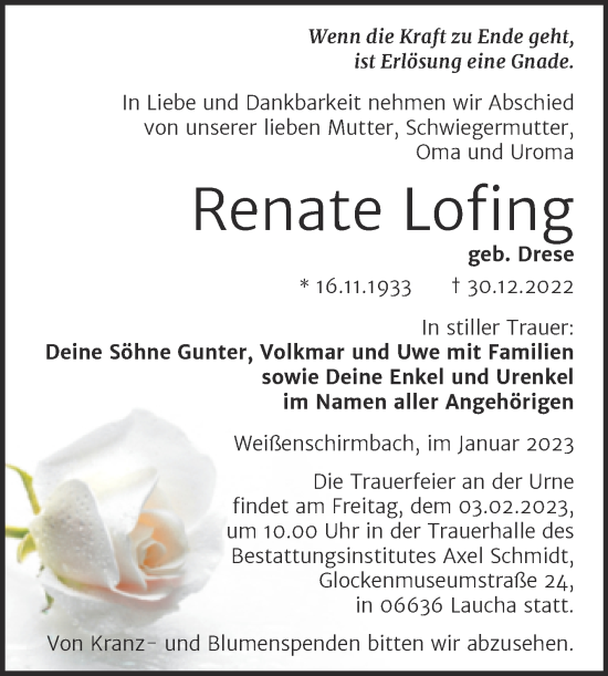 Traueranzeige von Renate Lofing von Trauerkombi Merseburg