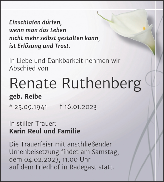 Traueranzeige von Renate Ruthenberg von Trauerkombi Köthen