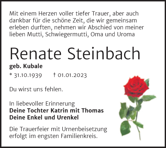 Traueranzeige von Renate Steinbach von Trauerkombi Bernburg
