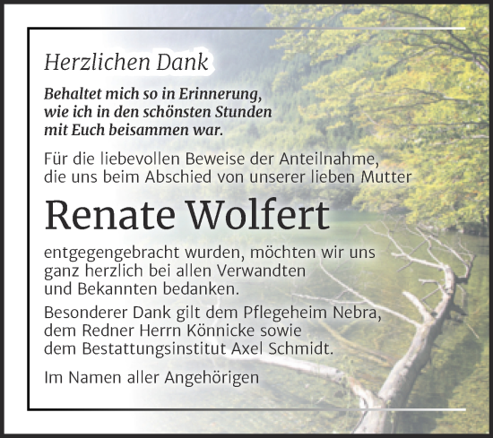 Traueranzeige von Renate Wolfert von Wochenspiegel Naumburg/Nebra