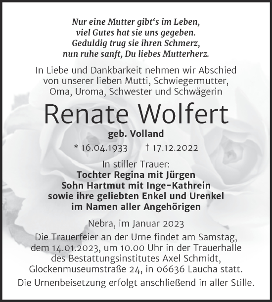 Traueranzeige von Renate Wolfert von Wochenspiegel Naumburg/Nebra