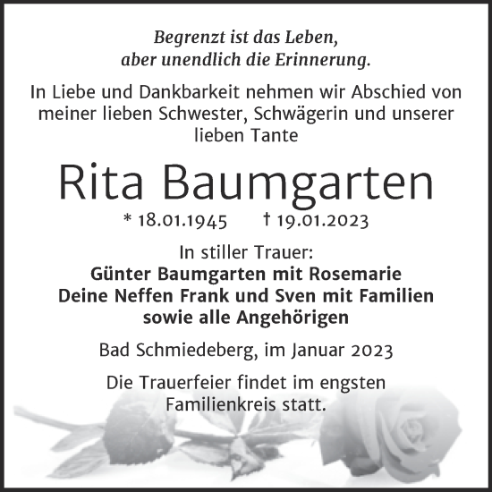 Traueranzeige von Rita Baumgarten von Trauerkombi Wittenberg