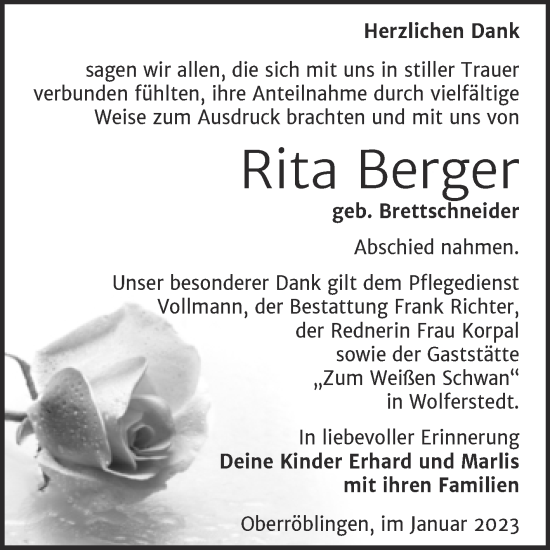 Traueranzeige von Rita Berger von Trauerkombi Sangerhausen