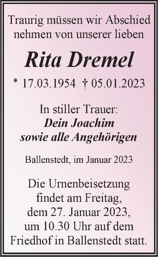 Traueranzeige von Rita Dremel von Trauerkombi Quedlinburg