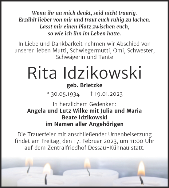 Traueranzeige von Rita Idzikowski von Trauerkombi Dessau