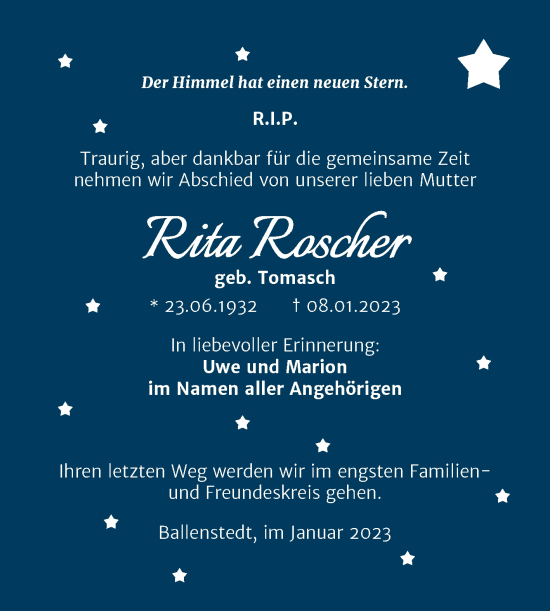 Traueranzeige von Rita Roscher von Trauerkombi Quedlinburg