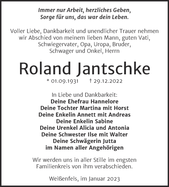 Traueranzeige von Roland Jantschke von Wochenspiegel Weißenfels