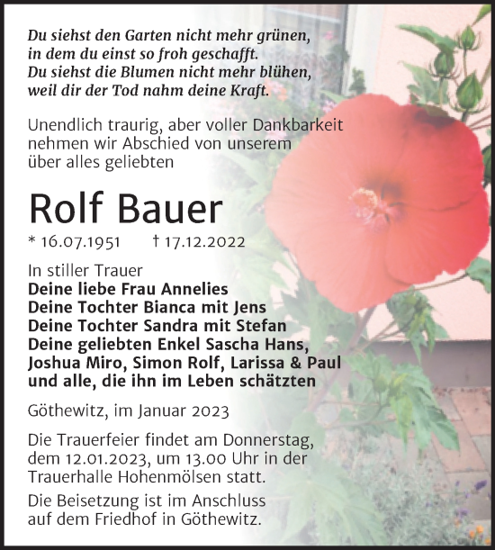 Traueranzeige von Rolf Bauer von Trauerkombi Weißenfels