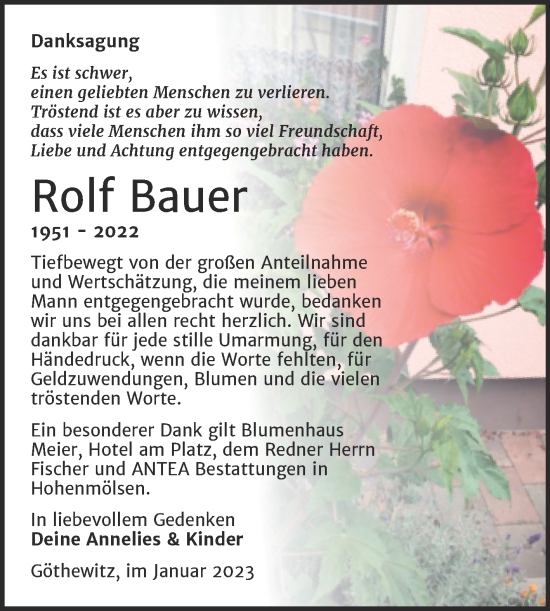 Traueranzeige von Rolf Bauer von Trauerkombi Weißenfels
