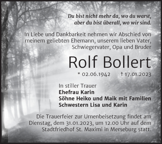 Traueranzeige von Rolf Bollert von Trauerkombi Merseburg