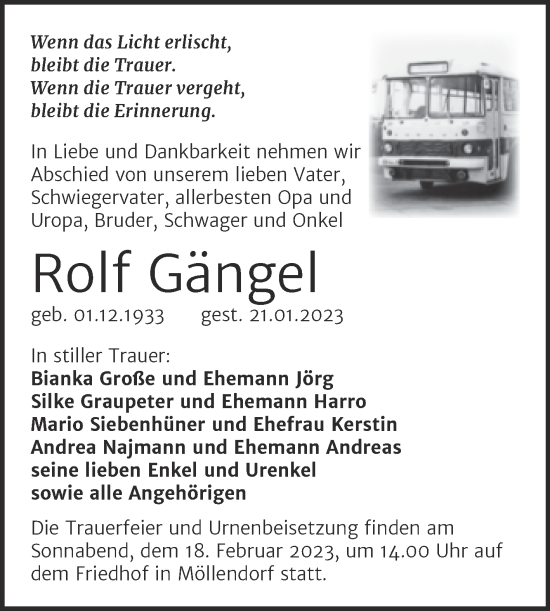 Traueranzeige von Rolf Gängel von Trauerkombi Mansfelder Land