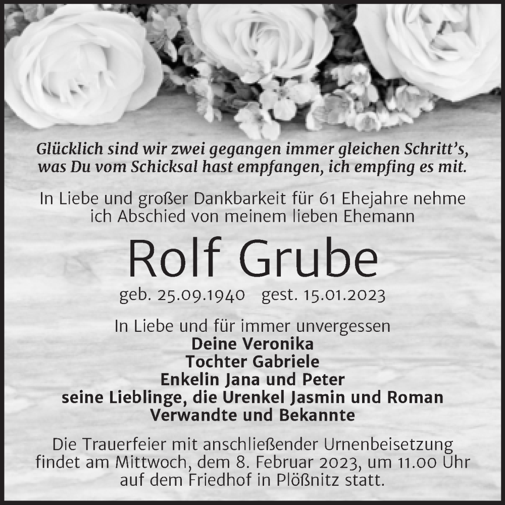  Traueranzeige für Rolf Grube vom 21.01.2023 aus Mitteldeutsche Zeitung Halle/Saalkreis