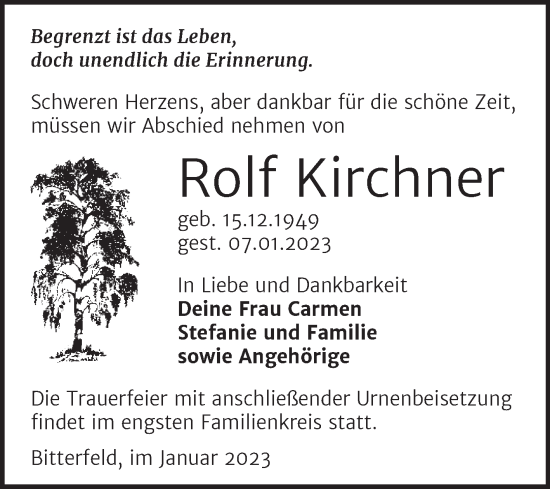 Traueranzeige von Rolf Kirchner von Trauerkombi Bitterfeld
