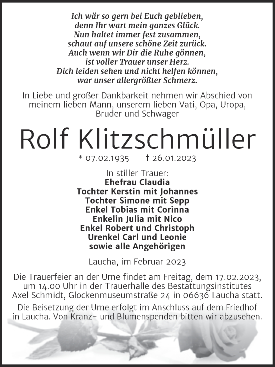 Traueranzeige von Rolf Klitzschmüller von Naumburger Tageblatt