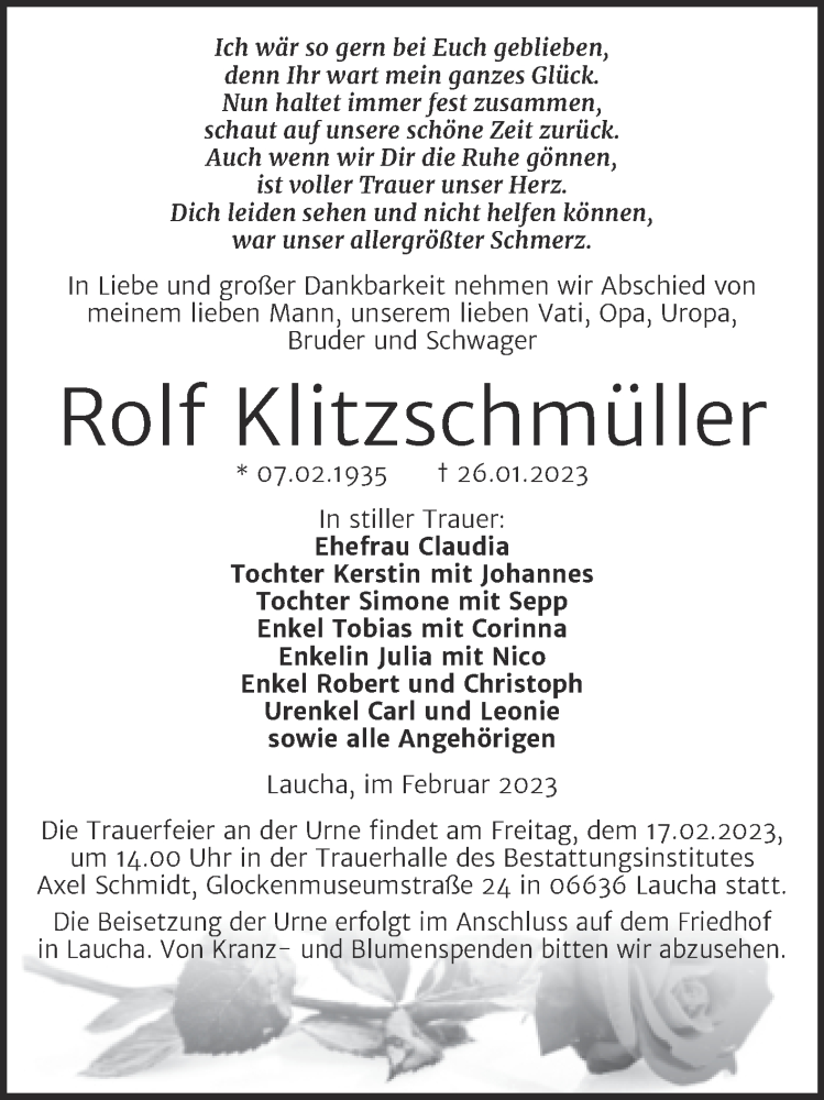  Traueranzeige für Rolf Klitzschmüller vom 28.01.2023 aus Naumburger Tageblatt