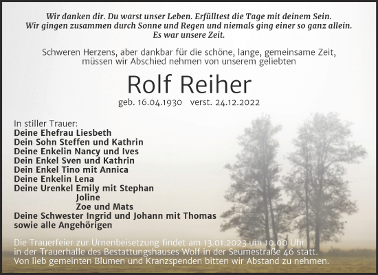 Traueranzeige von Rolf Reiher von Trauerkombi Weißenfels