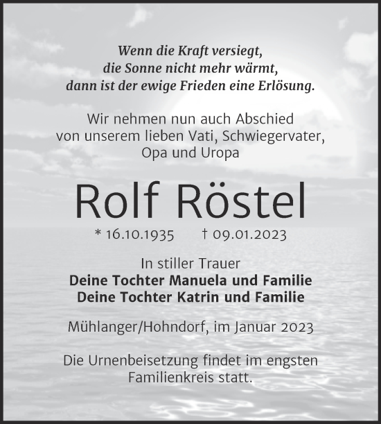 Traueranzeige von Rolf Röstel von Trauerkombi Wittenberg