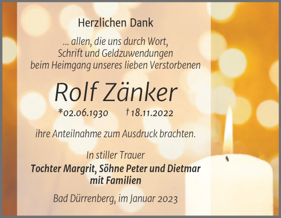 Traueranzeige von Rolf Zänker von Trauerkombi Merseburg