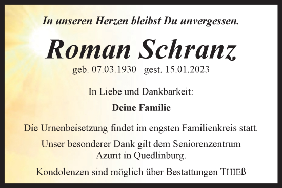 Traueranzeige von Roman Schranz von Trauerkombi Quedlinburg
