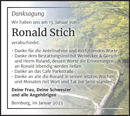 Traueranzeige von Ronald Stich von Trauerkombi Bernburg