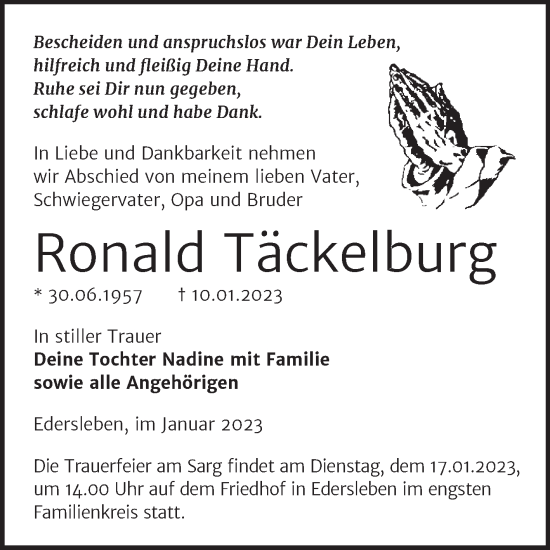 Traueranzeige von Ronald Täckelburg von Mitteldeutsche Zeitung Sangerhausen