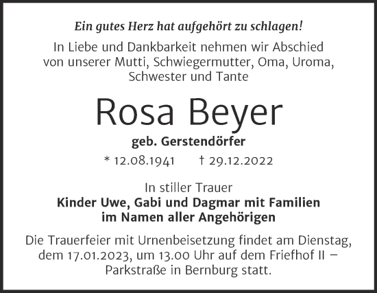 Traueranzeige von Rosa Beyer von Trauerkombi Bernburg