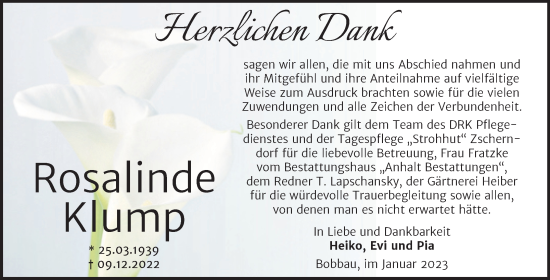 Traueranzeige von Rosalinde Klump von Trauerkombi Bitterfeld