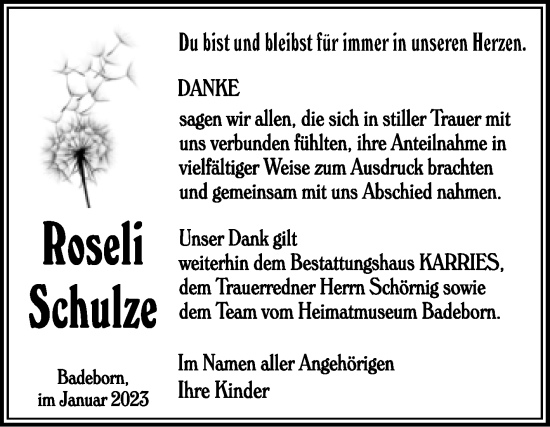 Traueranzeige von Roseli Schulze von Trauerkombi Quedlinburg