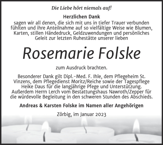 Traueranzeige von Rosemarie Folske von Trauerkombi Bitterfeld