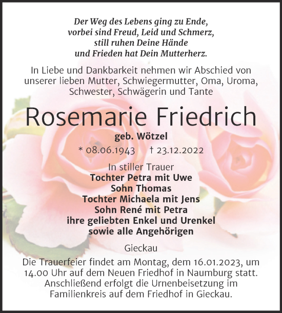 Traueranzeige von Rosemarie Friedrich von Wochenspiegel Naumburg/Nebra