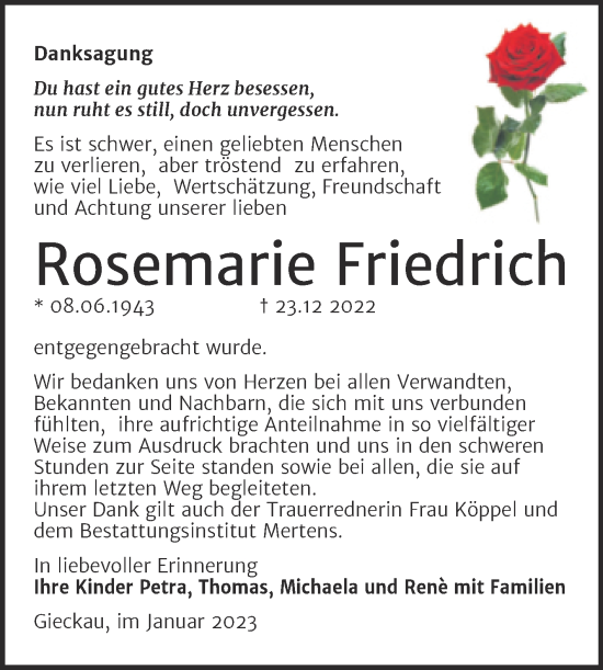 Traueranzeige von Rosemarie Friedrich von Super Sonntag Naumburg/Nebra