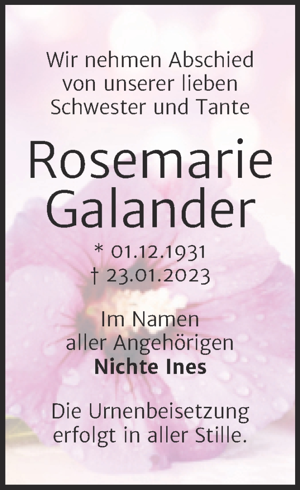  Traueranzeige für Rosemarie Galander vom 28.01.2023 aus Trauerkombi Bernburg