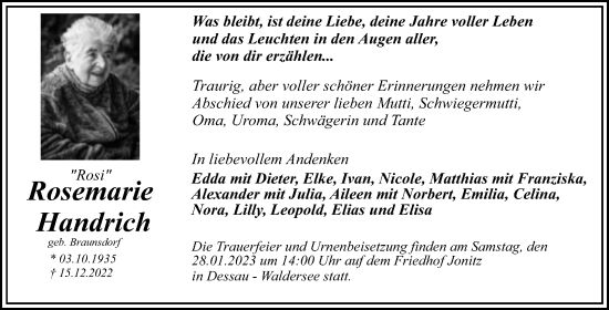 Traueranzeige von Rosemarie Handrich von Trauerkombi Dessau