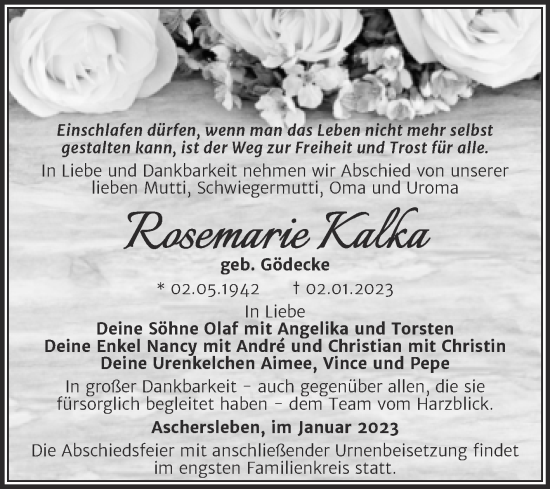 Traueranzeige von Rosemarie Kalka von Trauerkombi Aschersleben