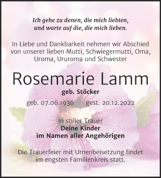 Traueranzeige von Rosemarie Lamm von Trauerkombi Bitterfeld