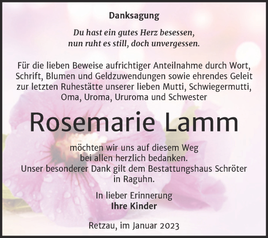 Traueranzeige von Rosemarie Lamm von Trauerkombi Bitterfeld